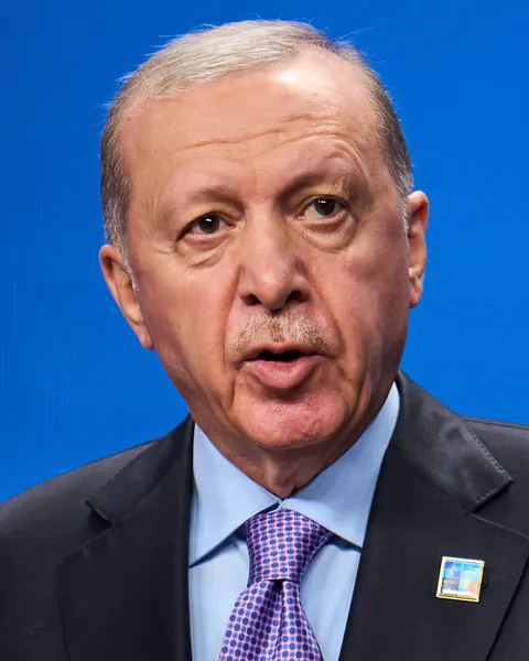 Recep Tayyip Erdoğan at a press conference after the 2025 NATO summit.